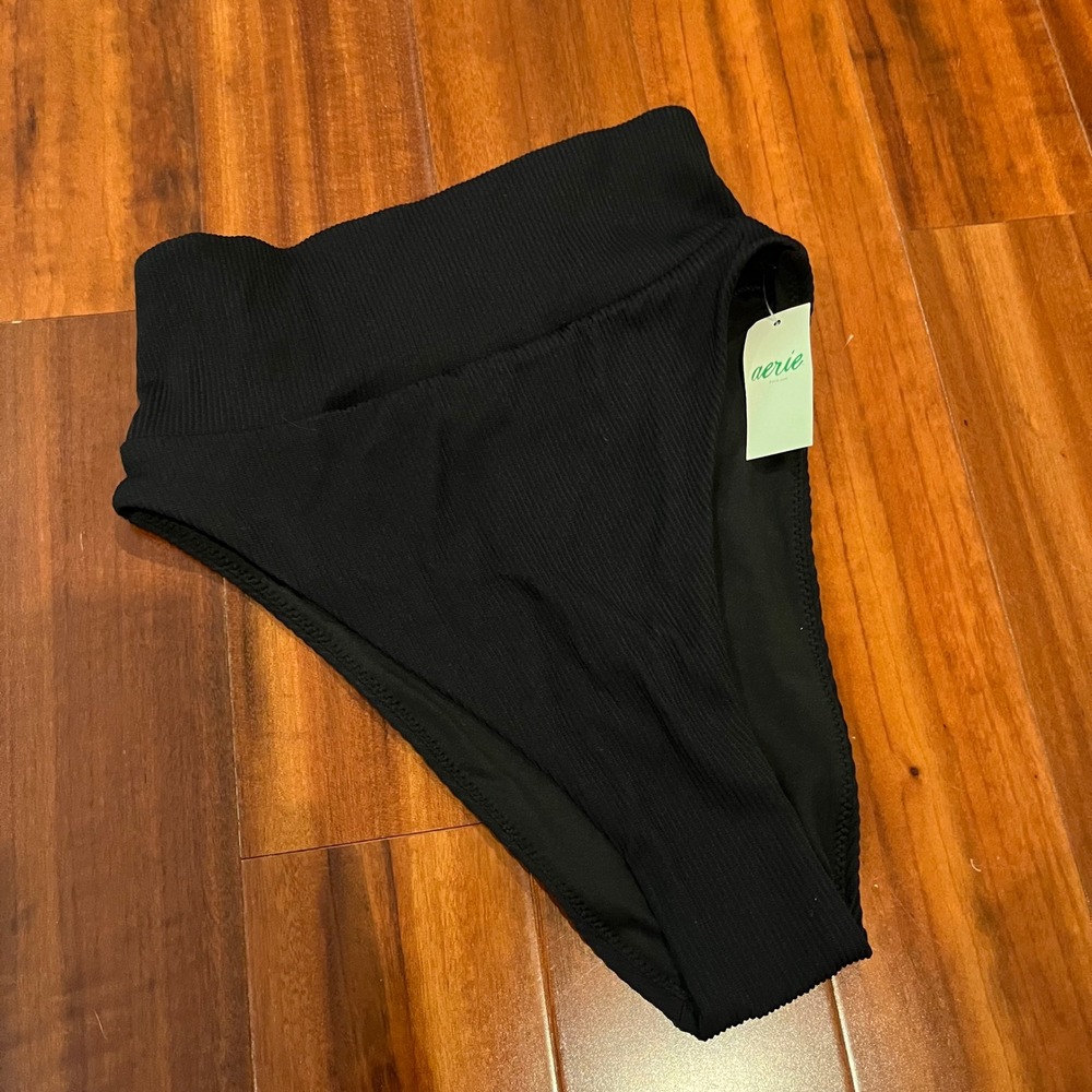 Aerie Black Bikini Bottom High Hi Cut Cheeky Ribbed Swim‎ New NWT XXS 2XS